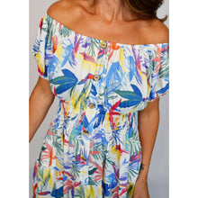 Load image into Gallery viewer, Bardot Midi Dress with Pockets | Blue Multi Coloured Leaf Print (close up)
