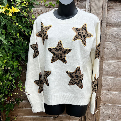 White Sequin Animal Faux Fur Star Jumper