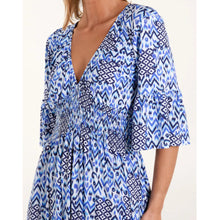Load image into Gallery viewer, Blue Aztec V-Neck Shirred Maxi Dress (close up)
