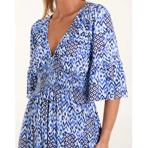 Blue Aztec V-Neck Shirred Maxi Dress (close up)