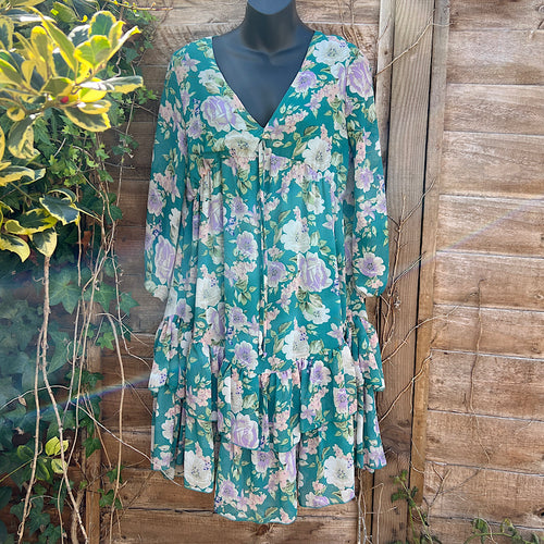 Pixie Green Peony Passion Chiffon Tiered Dress