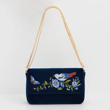 Load image into Gallery viewer, Fable Embroidered Bird &amp; Floral Velvet Chain Shoulder Bag – Navy
