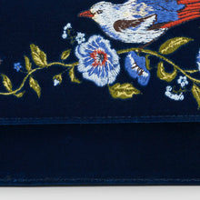Load image into Gallery viewer, Fable Embroidered Bird &amp; Floral Velvet Chain Shoulder Bag – Navy (close up)
