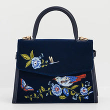 Load image into Gallery viewer, Fable Embroidered Bird &amp; Floral Velvet Mini Grab Bag – Navy
