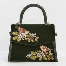 Load image into Gallery viewer, Fable Embroidered Robin &amp; Floral Velvet Mini Grab Bag – Forest Green
