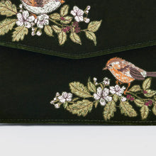 Load image into Gallery viewer, Fable Embroidered Robin &amp; Floral Velvet Mini Grab Bag – Forest Green (close up)
