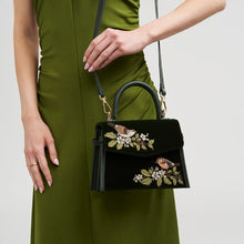 Load image into Gallery viewer, Fable Embroidered Robin &amp; Floral Velvet Mini Grab Bag – Forest Green (on shoulder)
