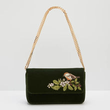 Load image into Gallery viewer, Fable Embroidered Robin Velvet Chain Crossbody Bag – Forest Green
