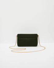 Load image into Gallery viewer, Fable Embroidered Robin Velvet Chain Crossbody Bag – Forest Green (back)
