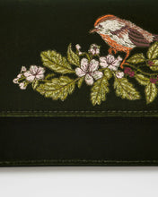 Load image into Gallery viewer, Fable Embroidered Robin Velvet Chain Crossbody Bag – Forest Green (close up)
