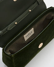 Load image into Gallery viewer, Fable Embroidered Robin Velvet Chain Crossbody Bag – Forest Green (open)
