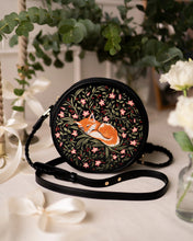 Load image into Gallery viewer, Fable Embroidered Sleeping Fox Round Velvet Crossbody Bag – Black
