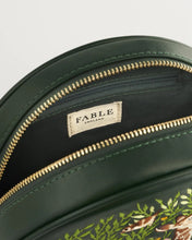 Load image into Gallery viewer, Fable Embroidered Woodland Fawn Round Crossbody Bag – Forest Green (open)
