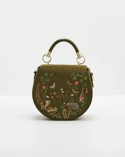Load image into Gallery viewer, Fable Embroidered Woodland Velvet Saddle Crossbody Bag – Olive Green
