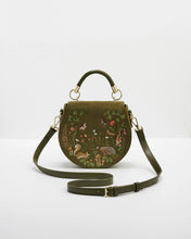 Load image into Gallery viewer, Fable Embroidered Woodland Velvet Saddle Crossbody Bag – Olive Green (additional strap)
