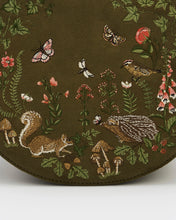 Load image into Gallery viewer, Fable Embroidered Woodland Velvet Saddle Crossbody Bag – Olive Green (close up)
