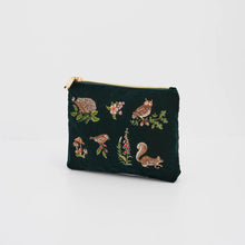Load image into Gallery viewer, Fable England Woodland Wildlife Embroidered Velvet Pouch – Forest Green (side)

