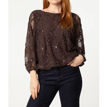 Load image into Gallery viewer, Floral Embroidered Sequin Mesh Top – Plum &amp; Chocolate (brown)
