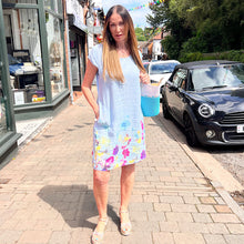Load image into Gallery viewer, Floral Hem Linen Blossom Pocket Dress with Stretch Side Panel (light blue)
