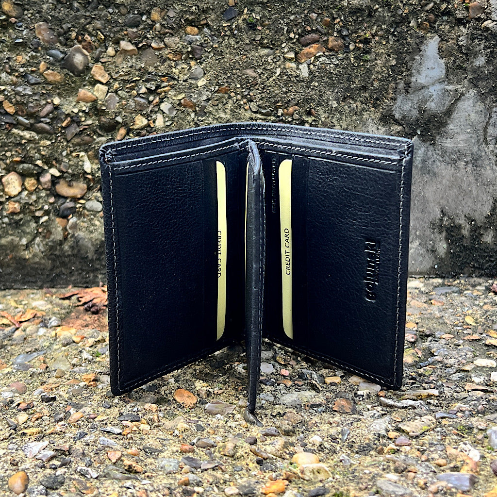 Gents Black Small Leather Wallet By Oak | 9 Card Slots (open)