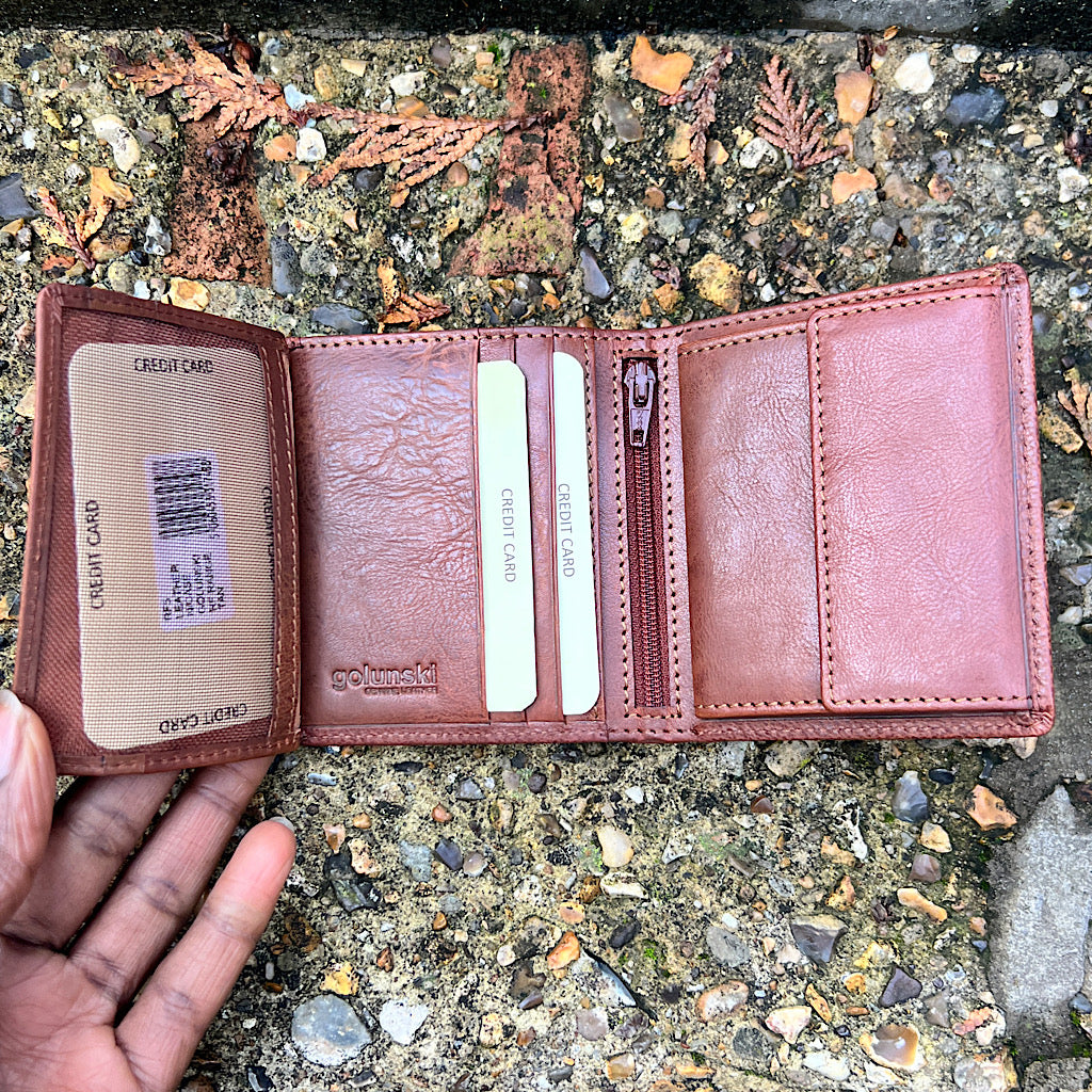 Gents Tan Leather Tri-Fold Wallet By Oak (open)