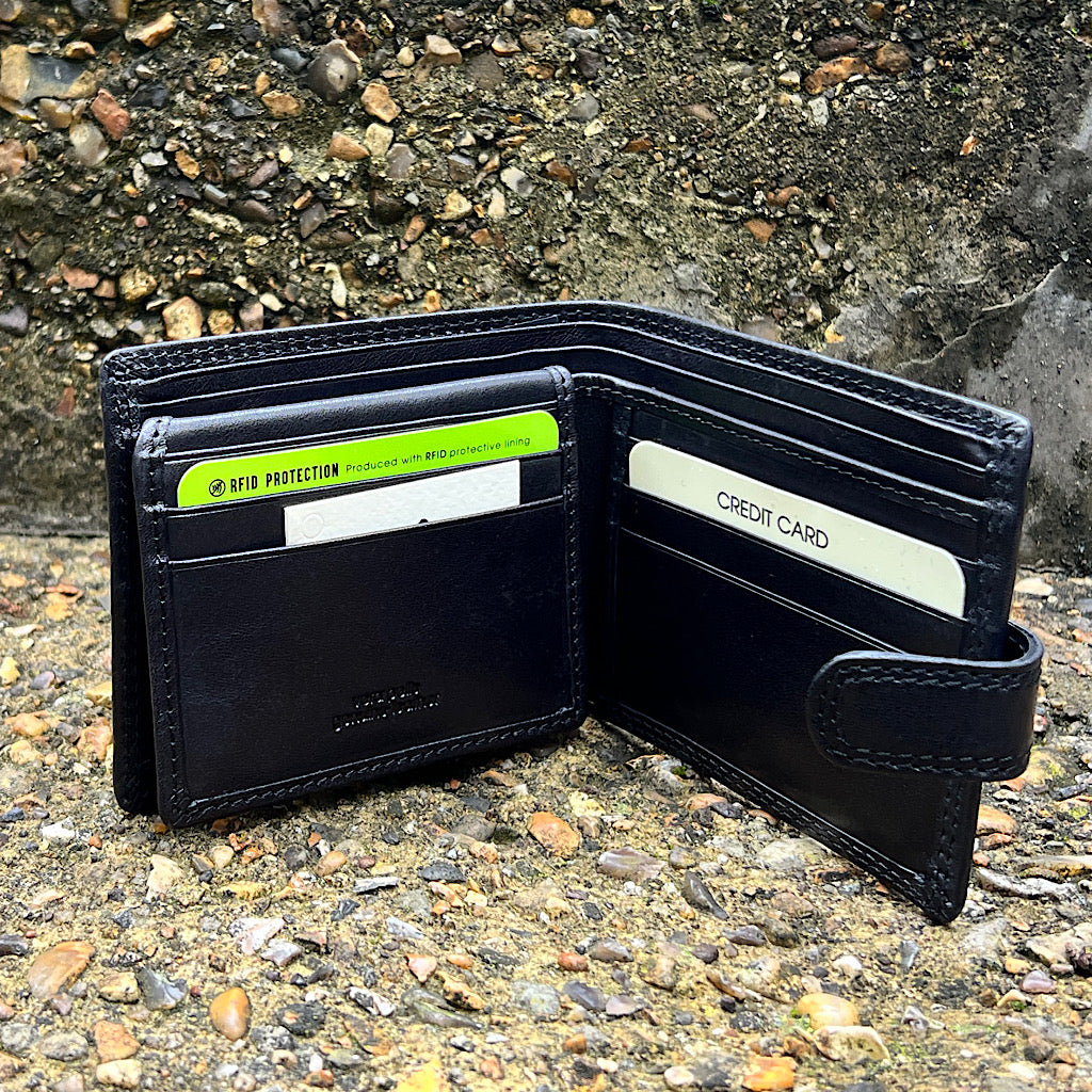 Gianni Conti Classic Black Italian Leather Wallet – Tab Closure (open)