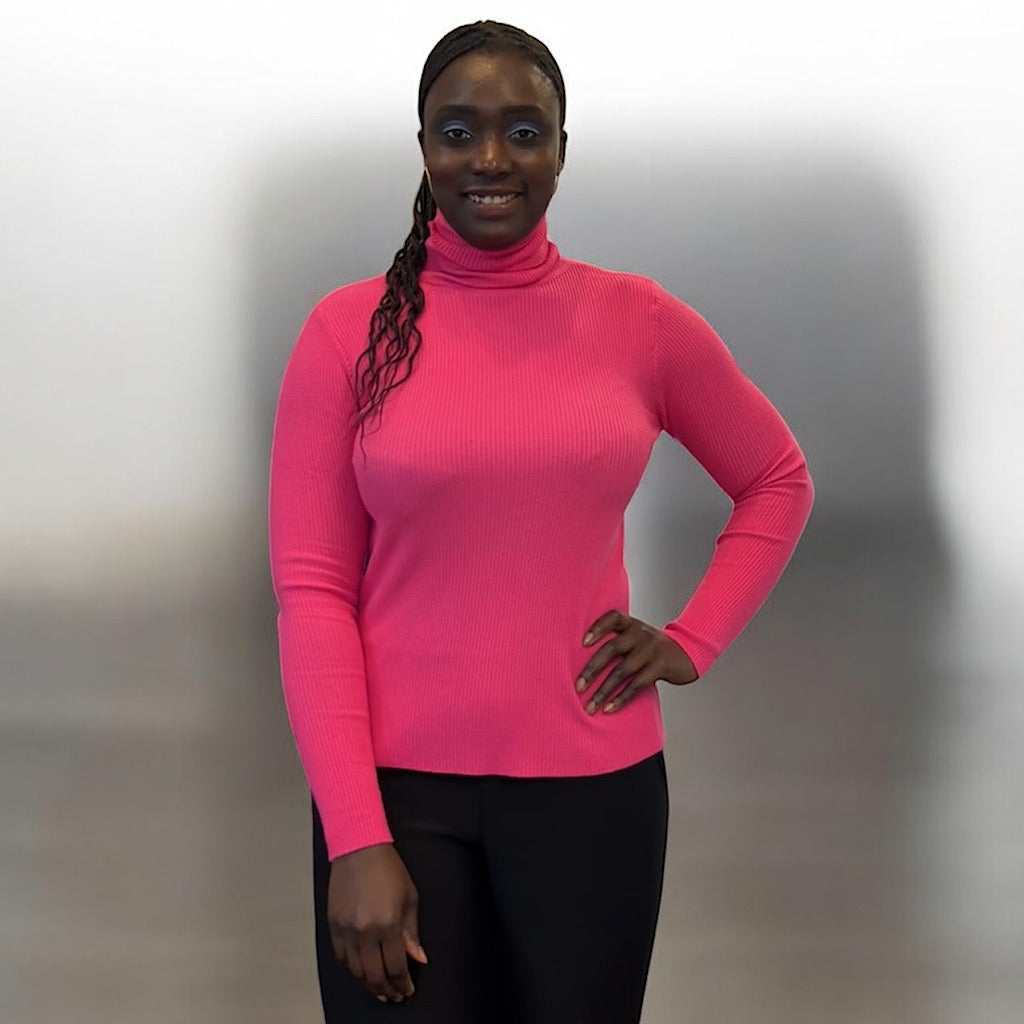 Hot Pink Stretchy Ribbed Fine Knit Basic Polo Neck Jumper