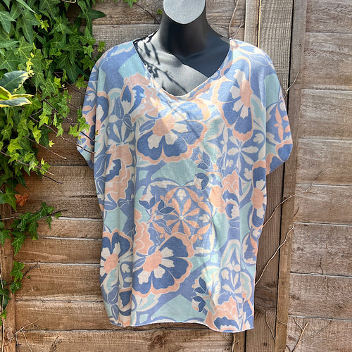 Blue V-Neck Floral Lightweight Knitted Top