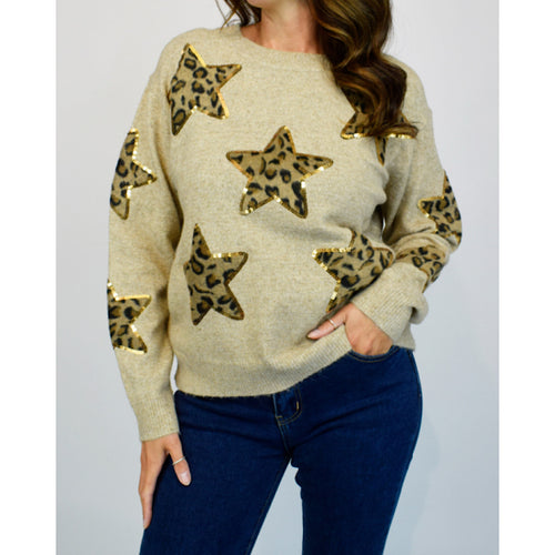 Mocha Sequin Animal Faux Fur Star Jumper