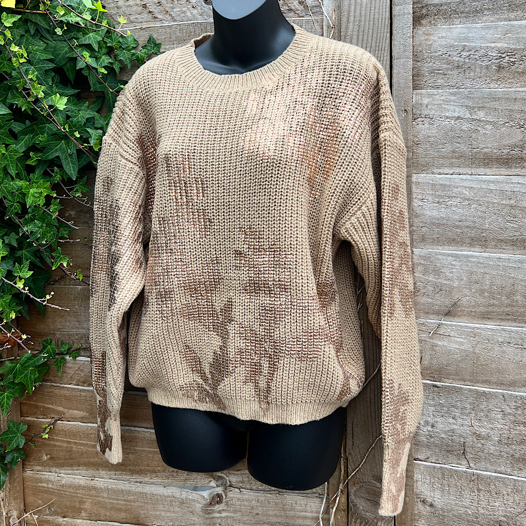 Mocha Gold Foil Flower Ribbed Jumper