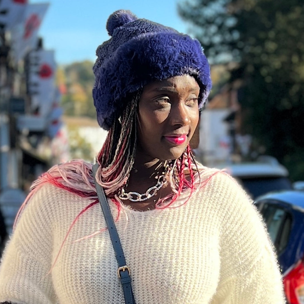 Navy Faux Fur Bobble Hat (on model)