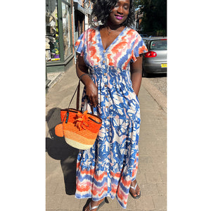 Angel Sleeve V-Neck Maxi Dress with Pockets | Blue Aztec Tie Dye