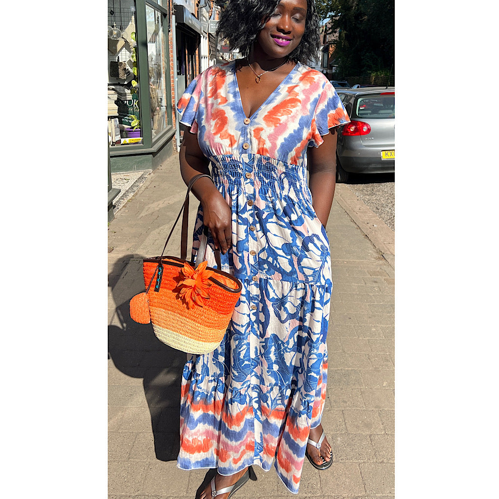 Angel Sleeve V-Neck Maxi Dress with Pockets | Blue Aztec Tie Dye