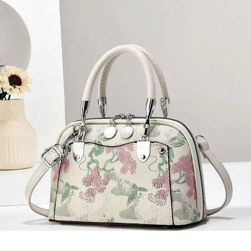 Small Beige Zip Round Printed Grab Bag