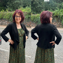 Load image into Gallery viewer, Black Short Suedette Waterfall Drape Front Jacket (on model)
