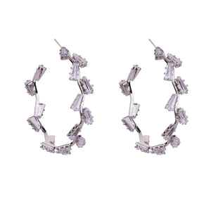 White Gold Plated & Cubic Zirconia Faceted Hoop Earrings