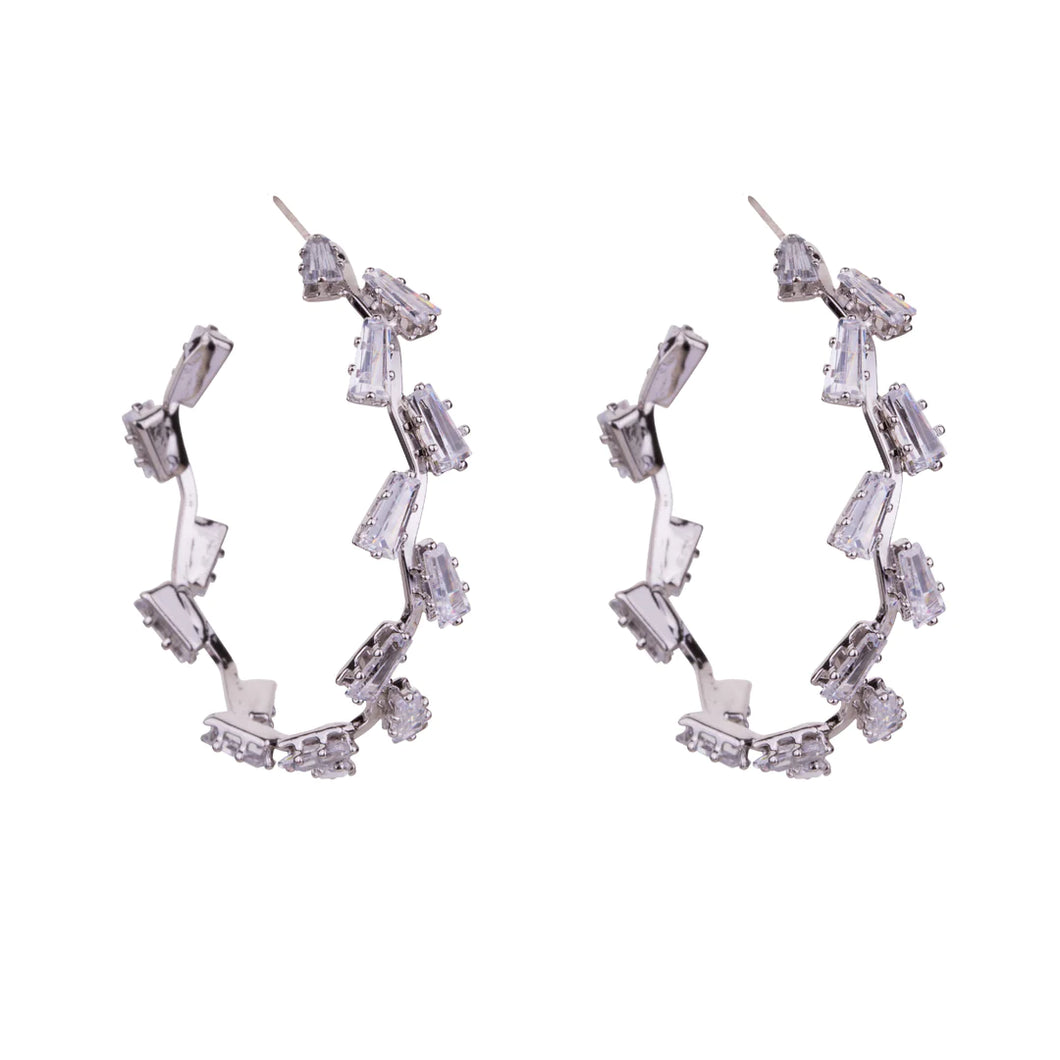White Gold Plated & Cubic Zirconia Faceted Hoop Earrings