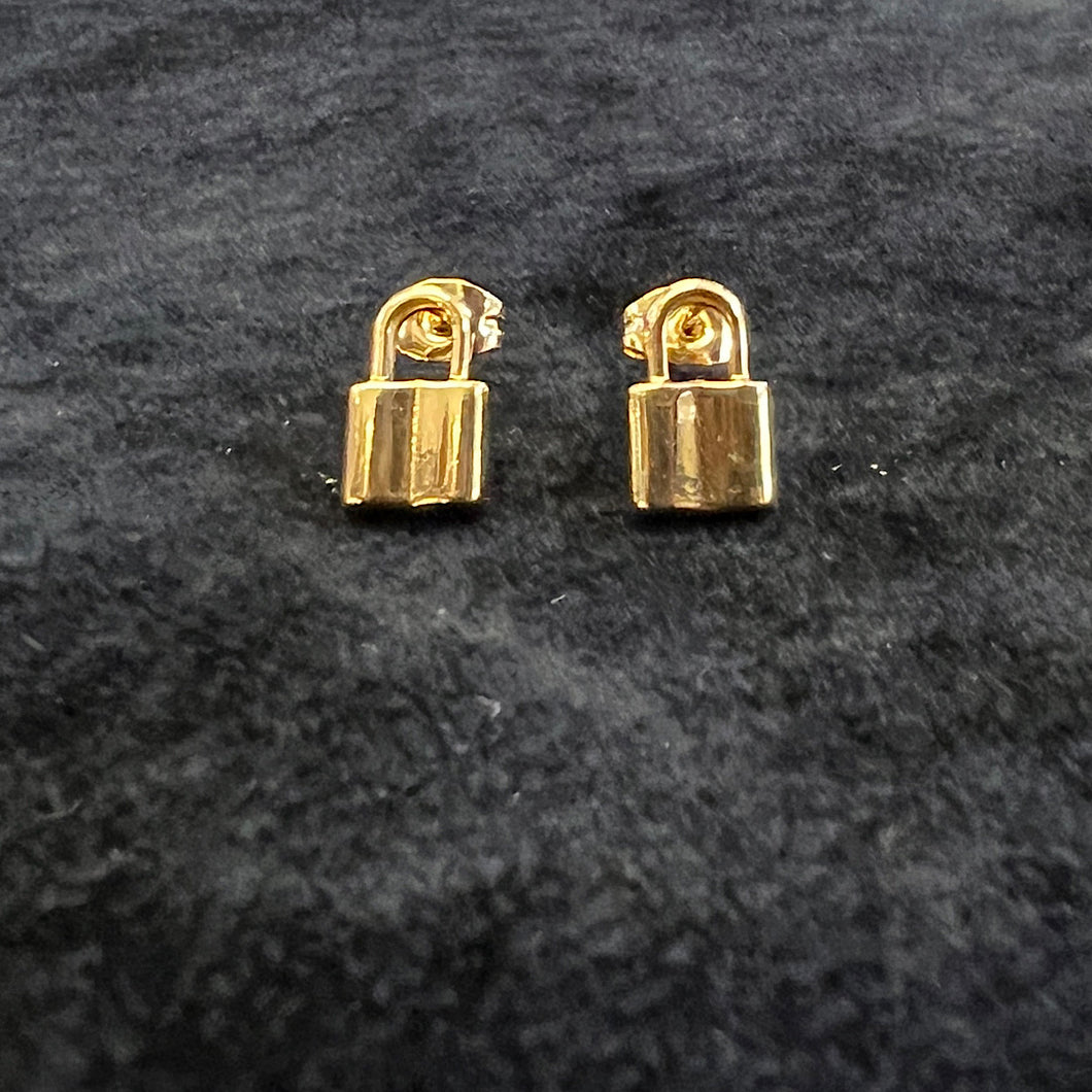 Stainless Steel Gold Lock Style Stud Earrings