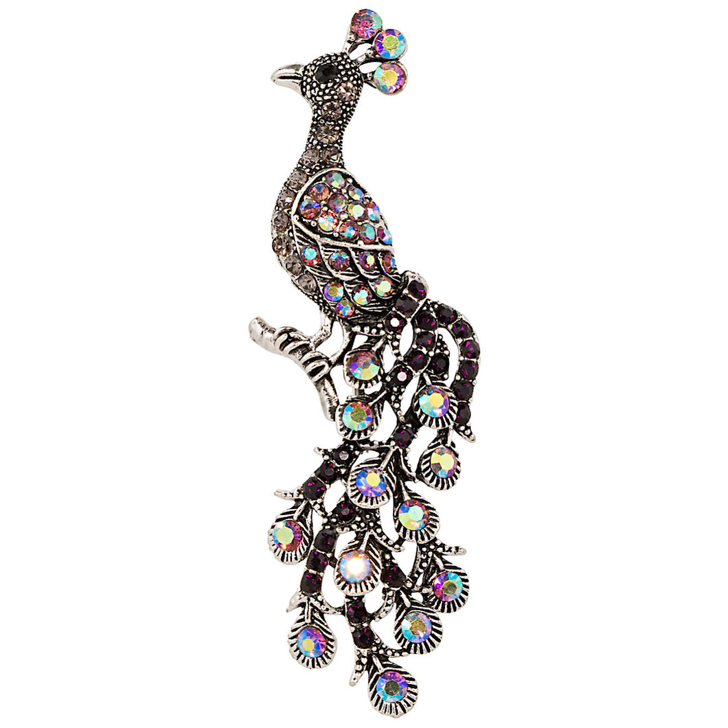 Antique Silver Multicolour Crystal Peacock Pin Brooch