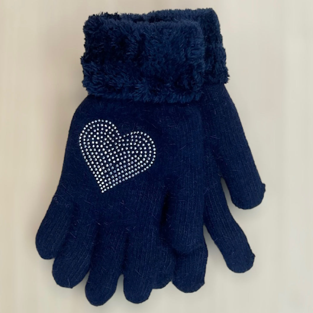 Fluffy Sparkle Heart Knit Gloves | Navy