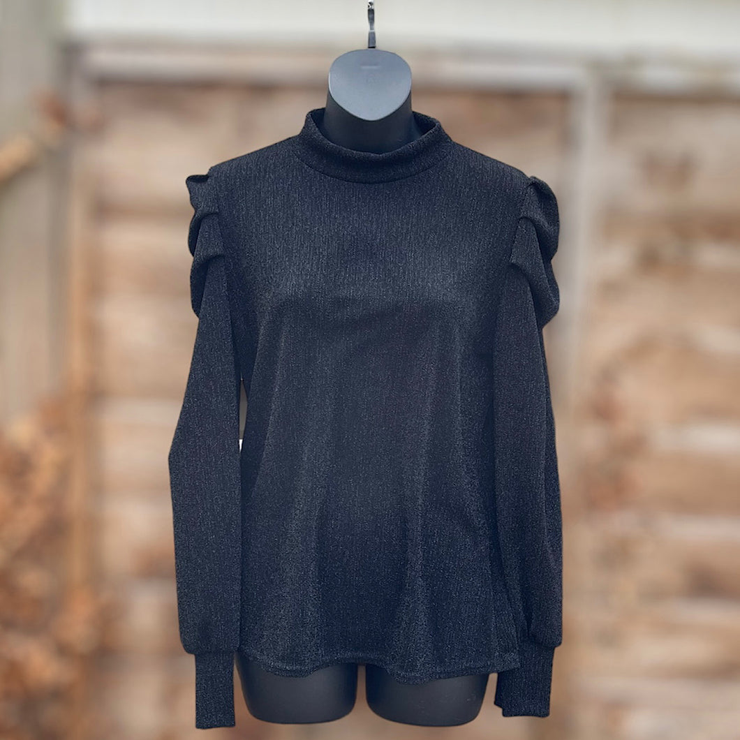 Glitter Puff Shoulder Top | Black