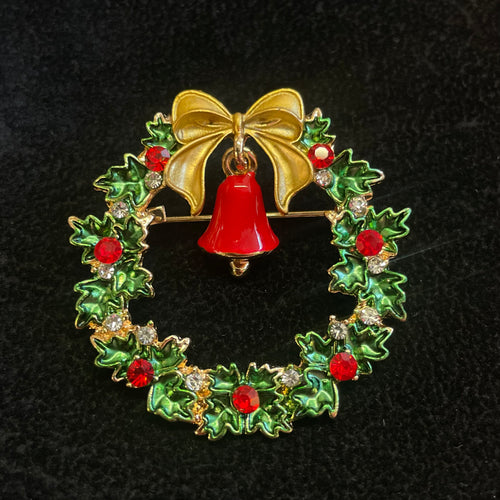 Festive Holly Wreath Enamel Brooch