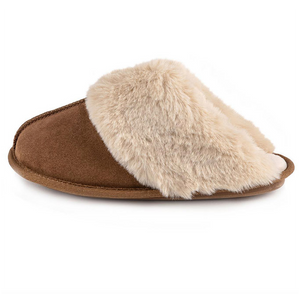 Ladies Tan Real Suede Mule with Fur Cuff