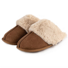 Load image into Gallery viewer, Ladies Tan Real Suede Mule with Fur Cuff
