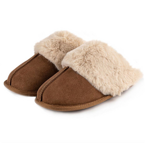 Ladies Tan Real Suede Mule with Fur Cuff