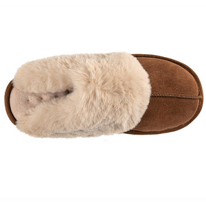 Ladies Tan Real Suede Mule with Fur Cuff