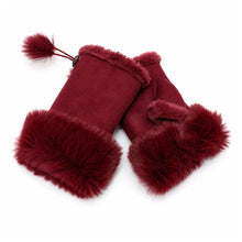 Load image into Gallery viewer, Ladies Faux Suede Fingerless Mittens with Faux Fur Cuffs &amp; Pom Pom Detail
