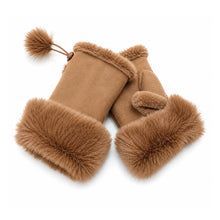 Load image into Gallery viewer, Ladies Faux Suede Fingerless Mittens with Faux Fur Cuffs &amp; Pom Pom Detail
