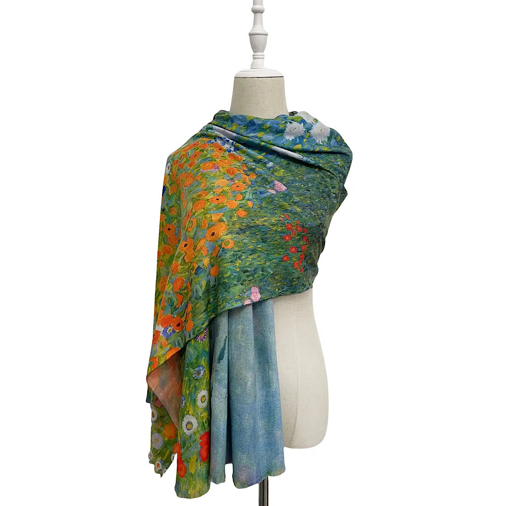 Klimt 'Flower Garden' Print Wool Reversible Scarf (on model)