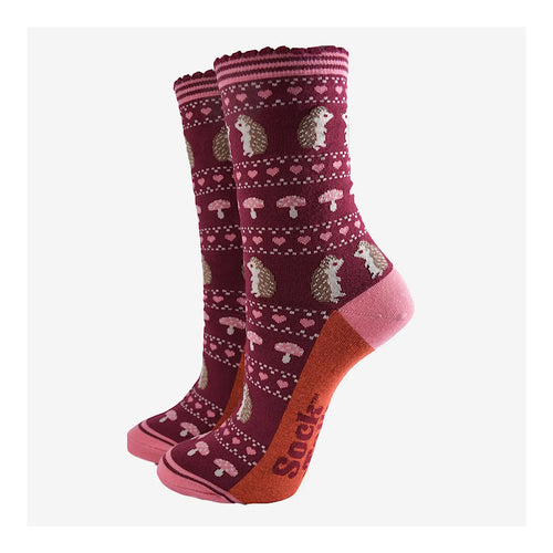 Ladies Bamboo Socks | Berry/Pink Hedgehog Fair Isle